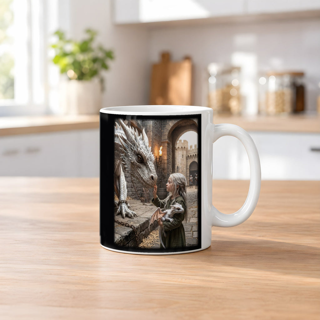 Die kleine Drachenhüterin – weiße Tasse, auf dem Küchentresen