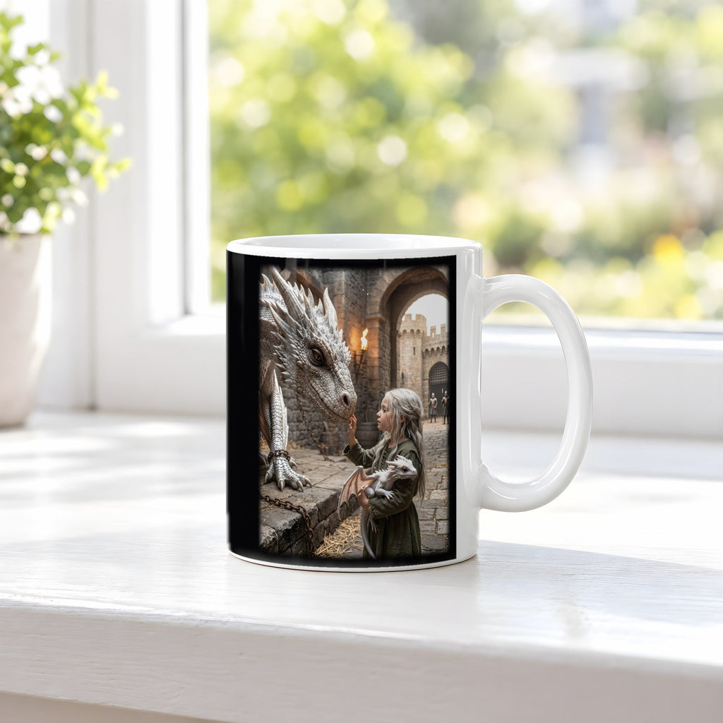 Die kleine Drachenhüterin – weiße Tasse, auf der Fensterbank