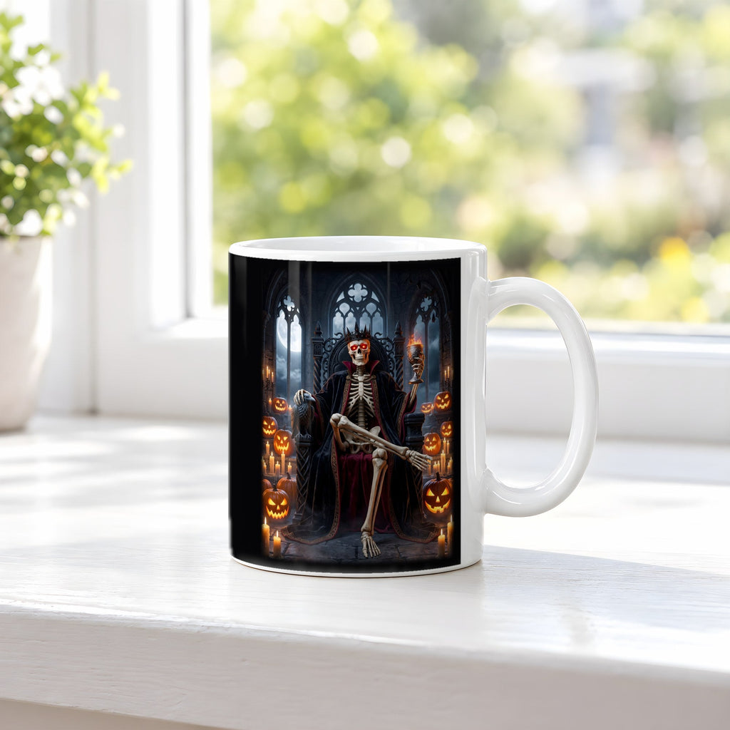 Der Kürbiskönig – weiße Tasse, auf der Fensterbank