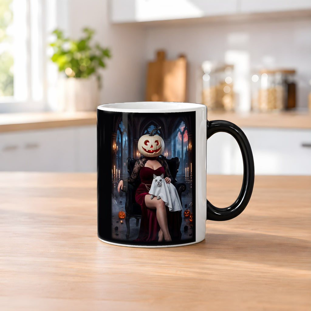 Die Kürbis-Dame – Black Edition Zaubertasse mit Motiv (heiß), auf dem Küchentresen