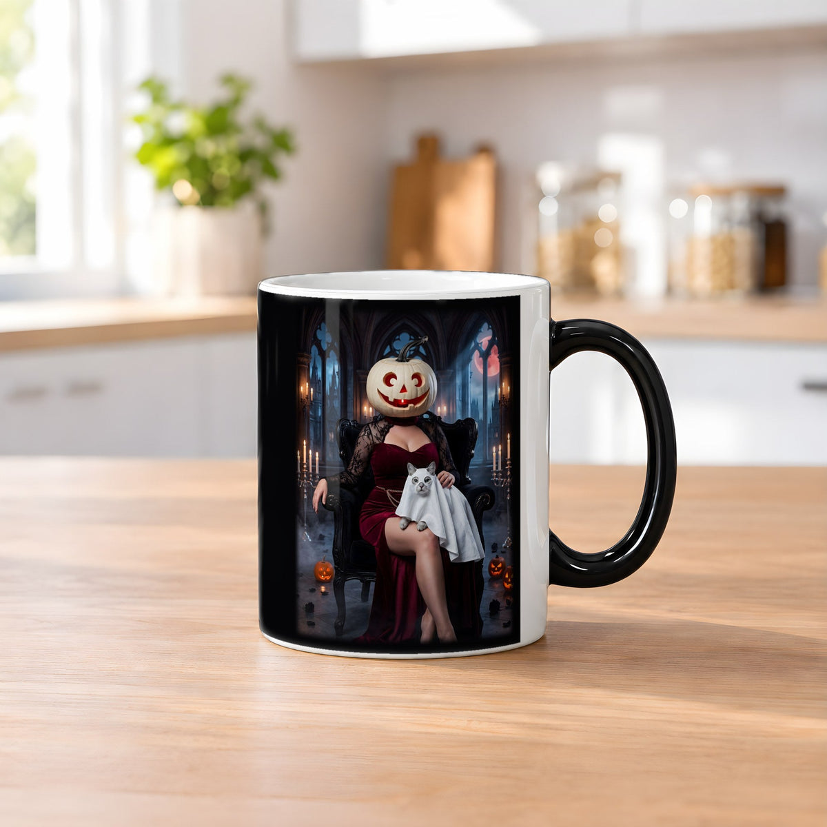 Die Kürbis-Dame – Black Edition Zaubertasse mit Motiv (heiß), auf dem Küchentresen