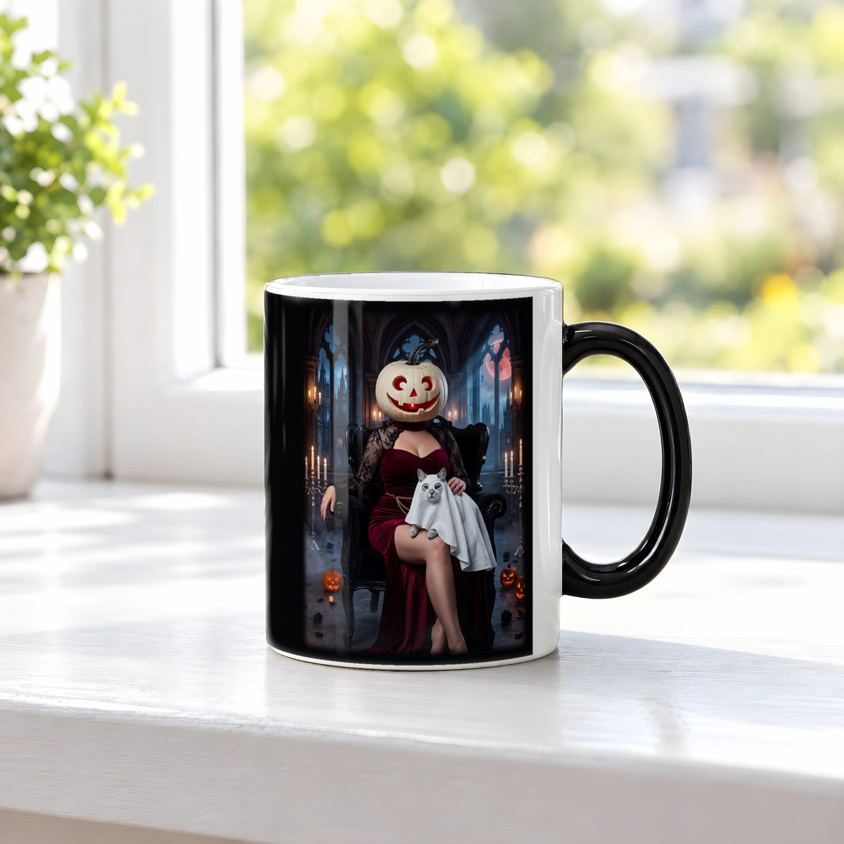 Die Kürbis-Dame – Black Edition Zaubertasse mit Motiv (heiß), auf der Fensterbank