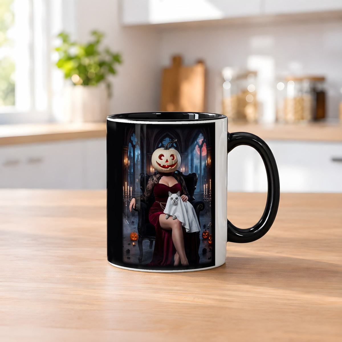 Die Kürbis-Dame – Tasse innen schwarz, auf dem Küchentresen
