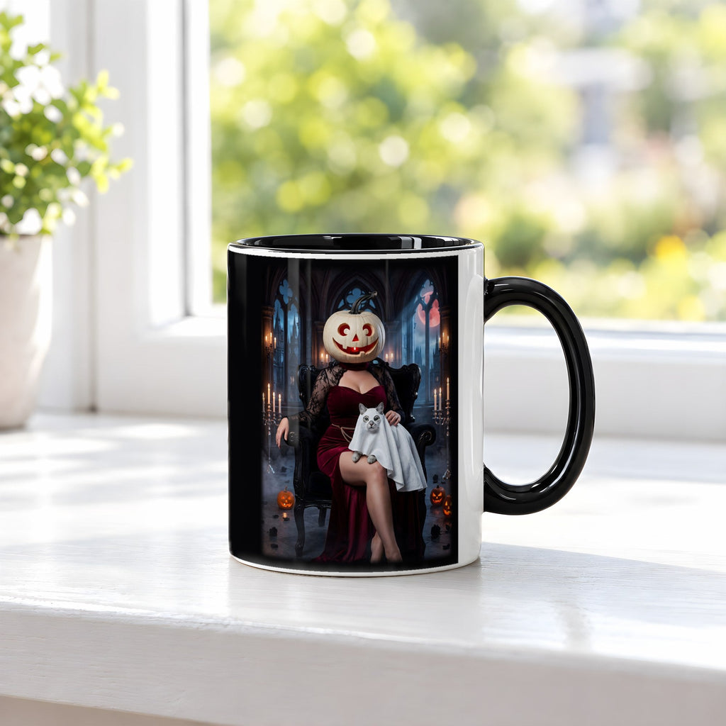 Die Kürbis-Dame – Tasse innen schwarz, auf der Fensterbank