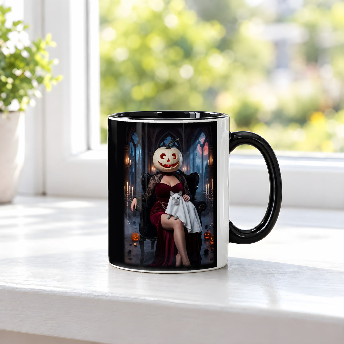 Die Kürbis-Dame – Tasse innen schwarz, auf der Fensterbank