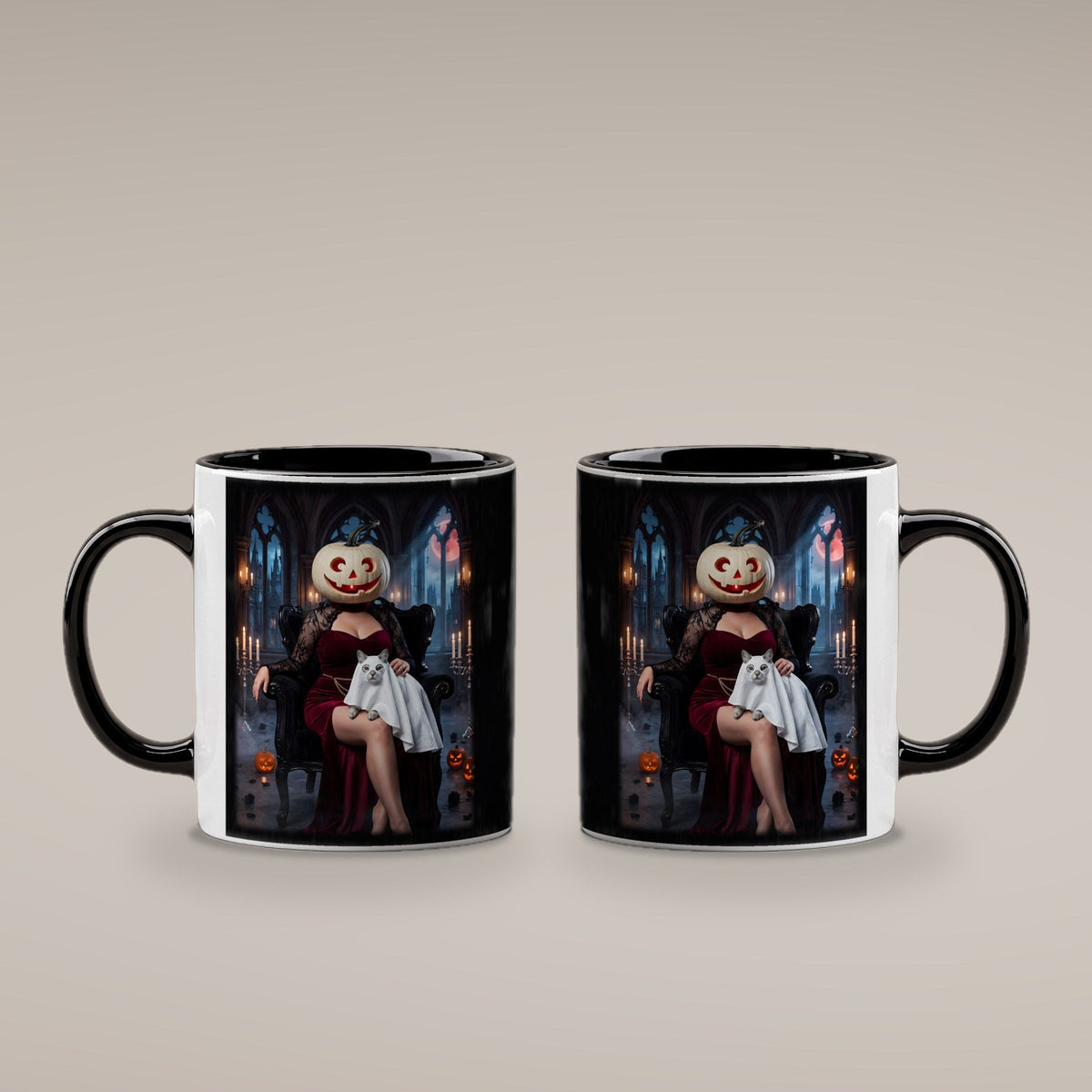 Die Kürbis-Dame – Tasse innen schwarz, beide Seiten bedruckt