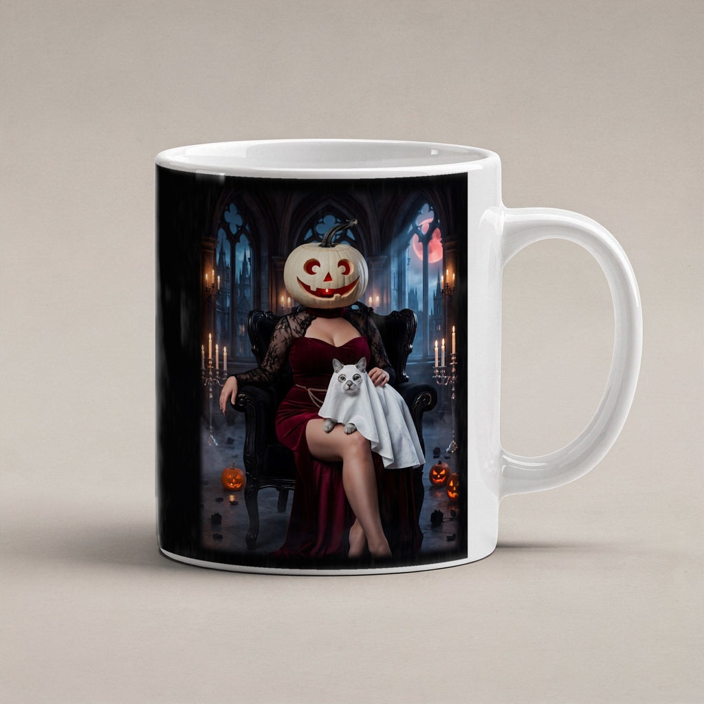 Die Kürbis-Dame – weiße Tasse, freigestellt