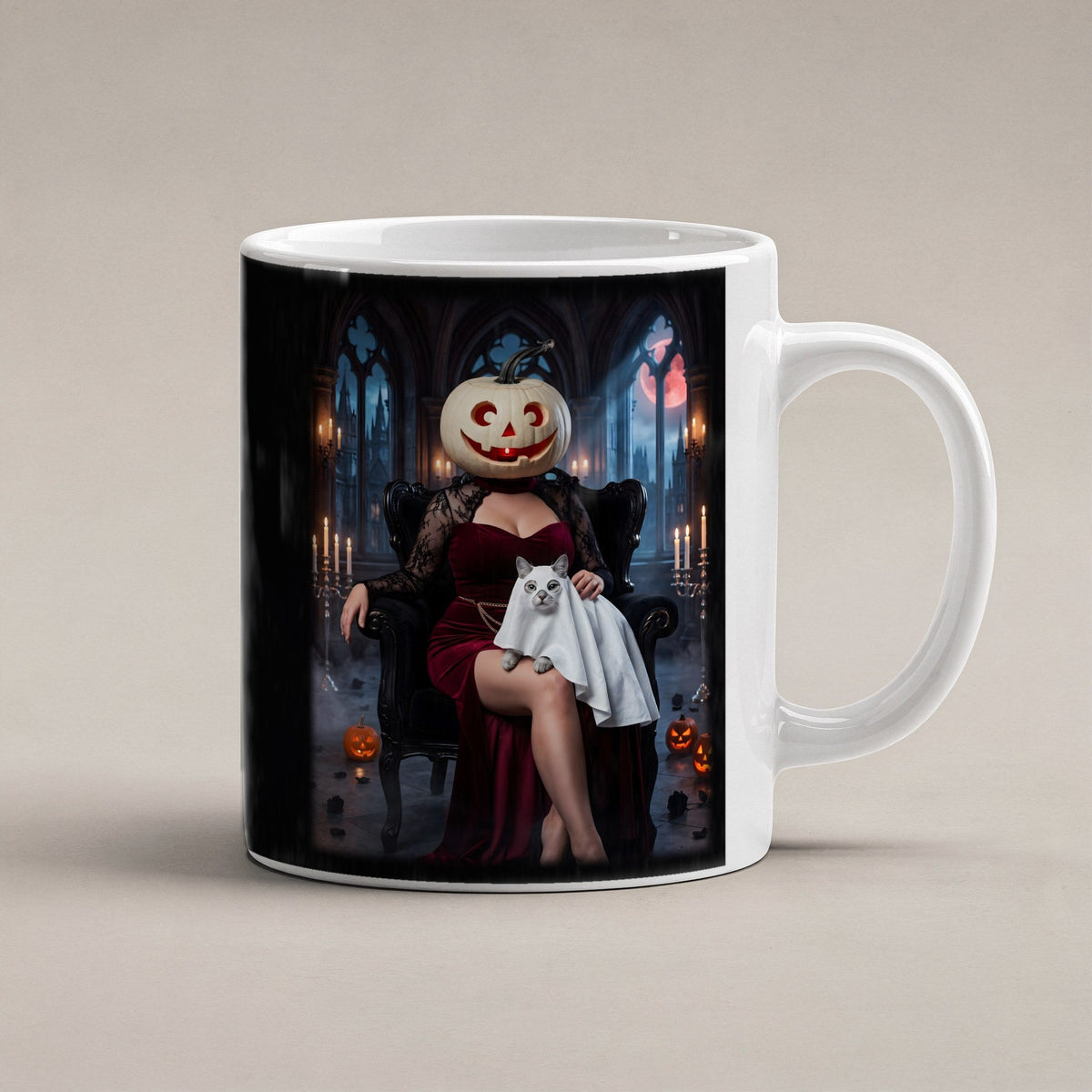 Die Kürbis-Dame – weiße Tasse, freigestellt