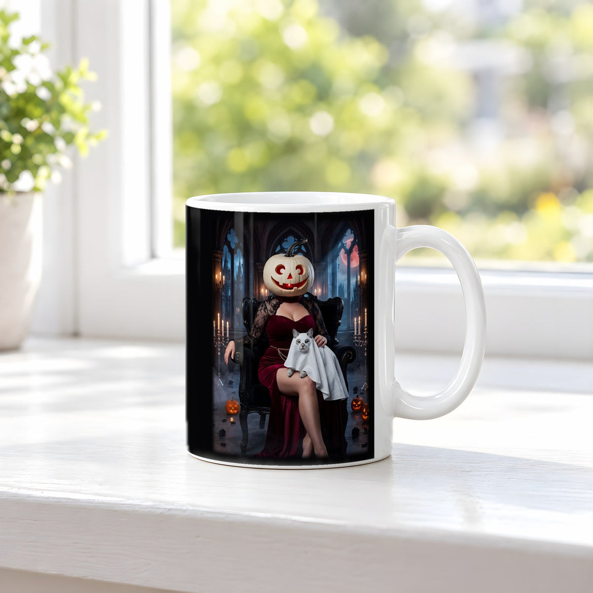 Die Kürbis-Dame – weiße Tasse, auf der Fensterbank
