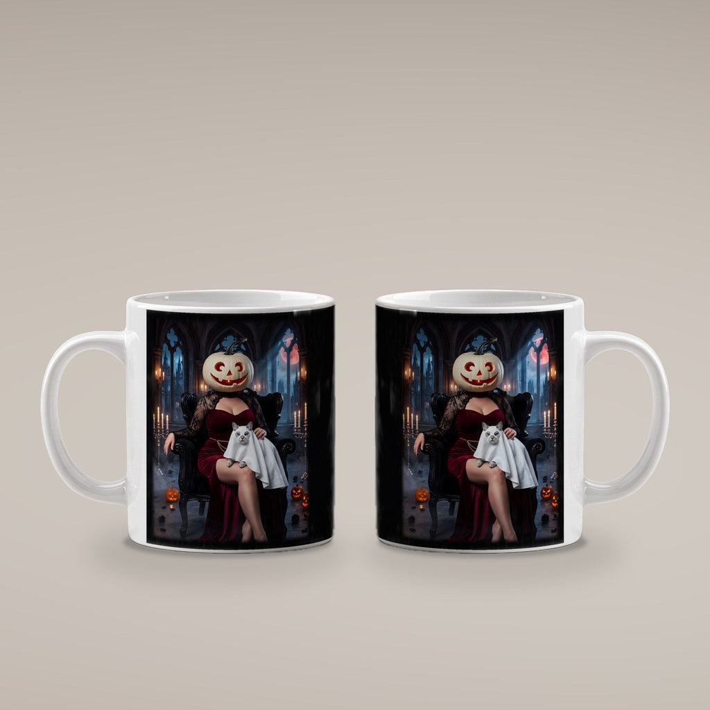 Die Kürbis-Dame – weiße Tasse, beide Seiten bedruckt