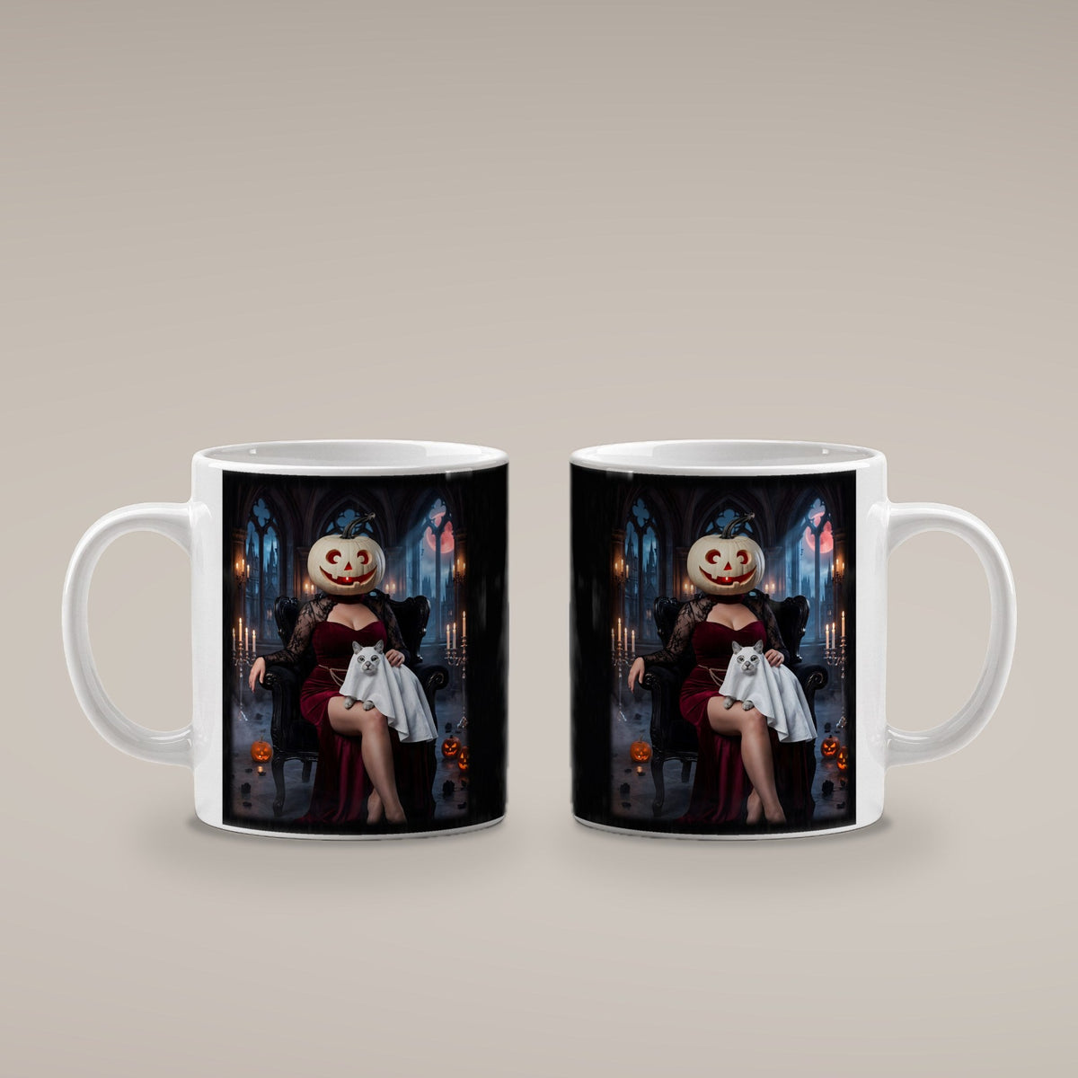 Die Kürbis-Dame – weiße Tasse, beide Seiten bedruckt