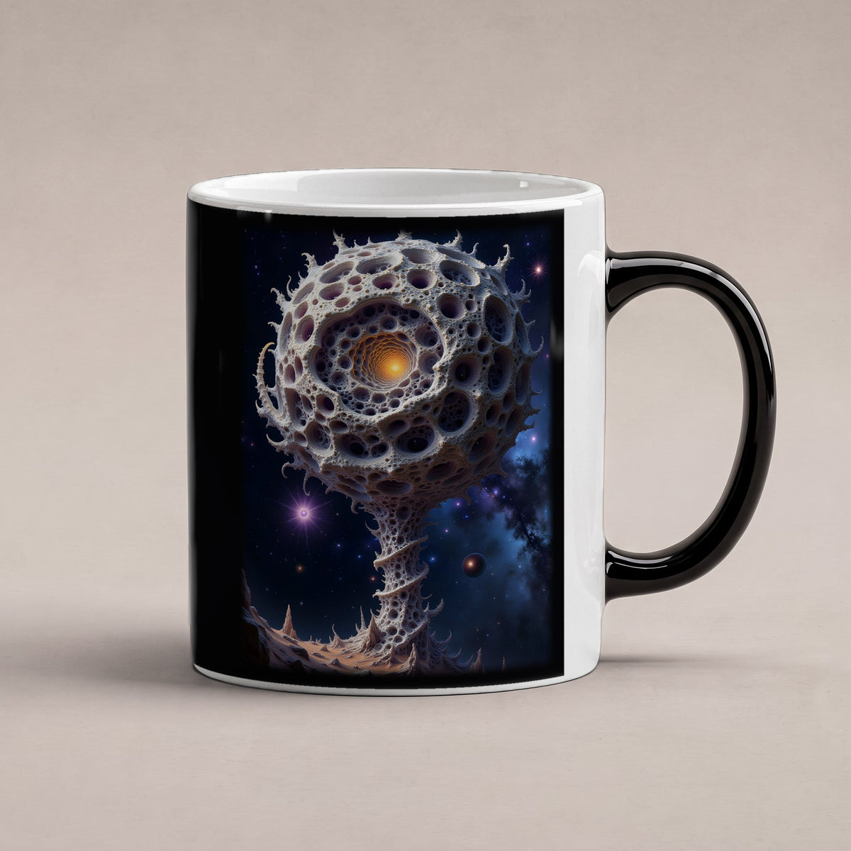 Die Konfluenz – Black Edition Zaubertasse mit Motiv (heiß), freigestellt