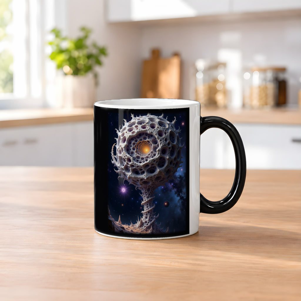 Die Konfluenz – Black Edition Zaubertasse mit Motiv (heiß), auf dem Küchentresen