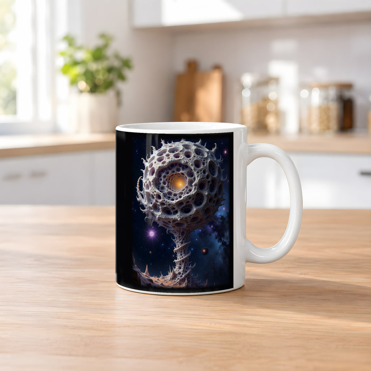 Die Konfluenz – weiße Tasse, auf dem Küchentresen
