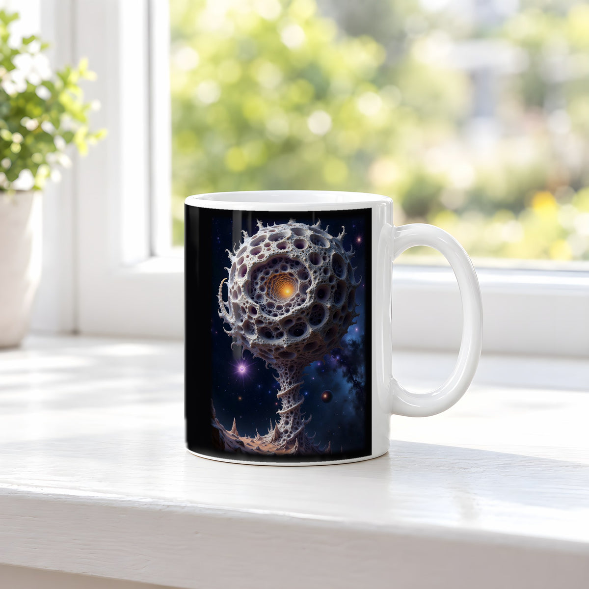 Die Konfluenz – weiße Tasse, auf der Fensterbank