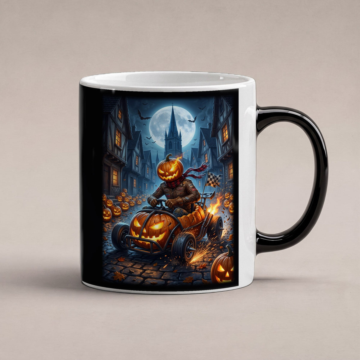 Das Kürbis-Rennen – Black Edition Zaubertasse mit Motiv (heiß), freigestellt