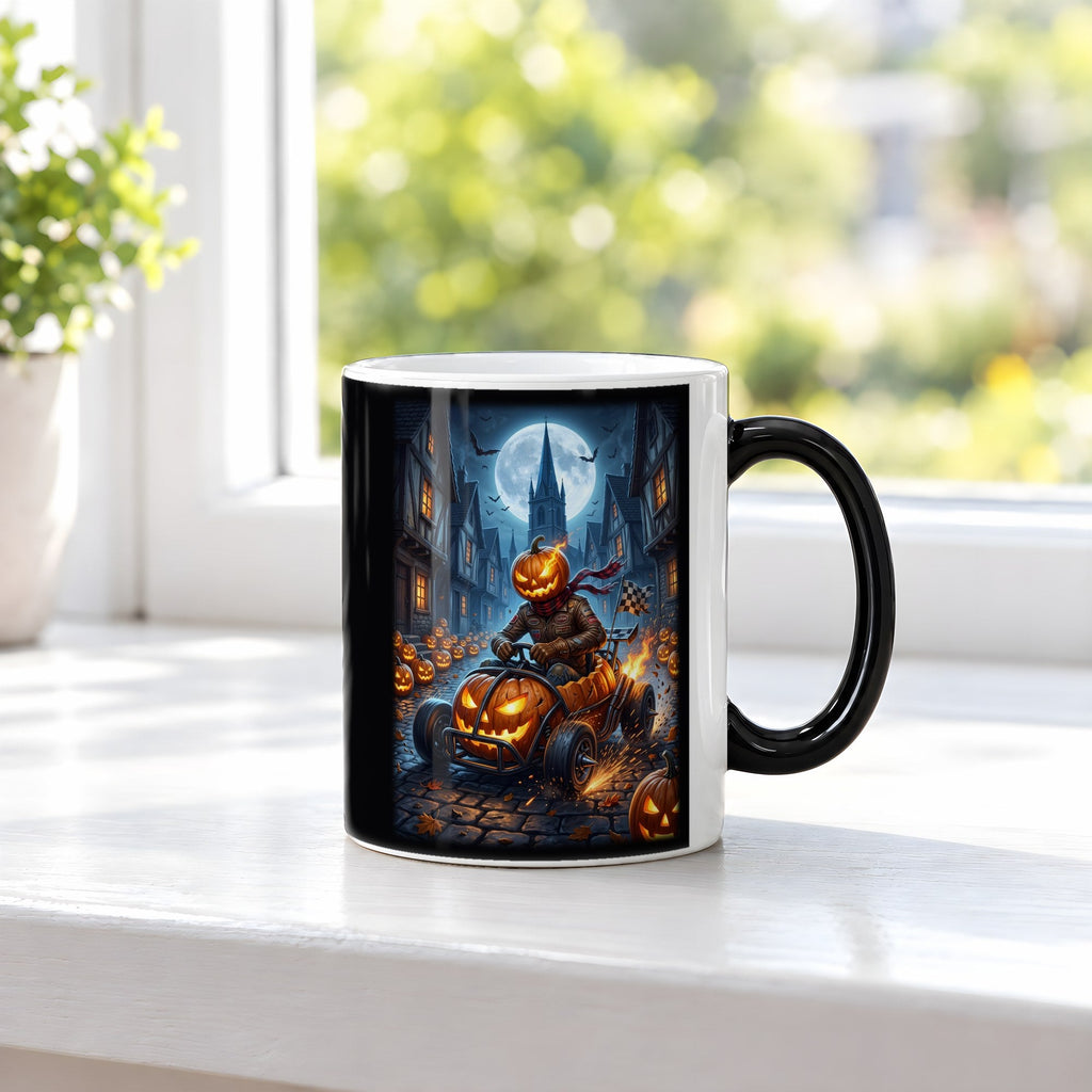 Das Kürbis-Rennen – Black Edition Zaubertasse mit Motiv (heiß), auf der Fensterbank