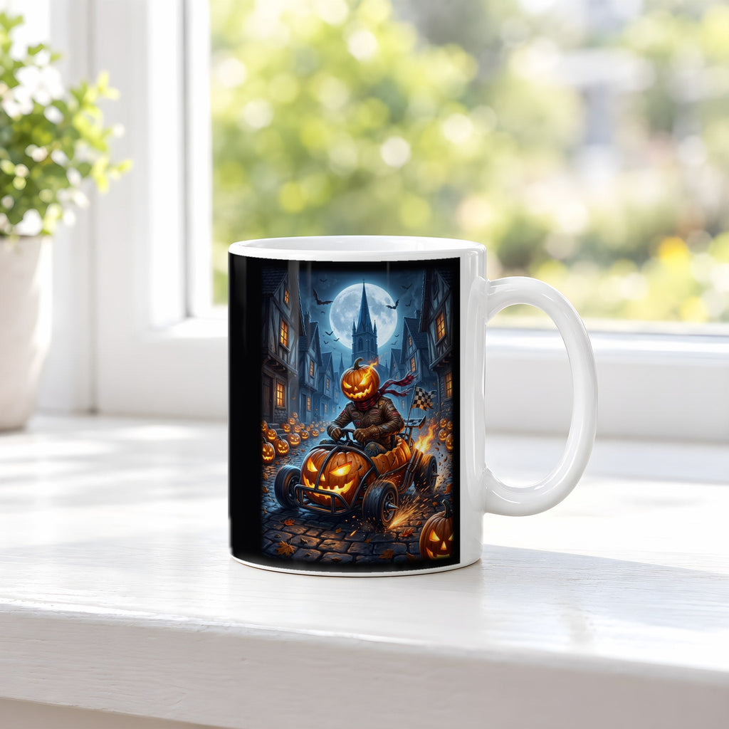 Das Kürbis-Rennen – weiße Tasse, auf der Fensterbank