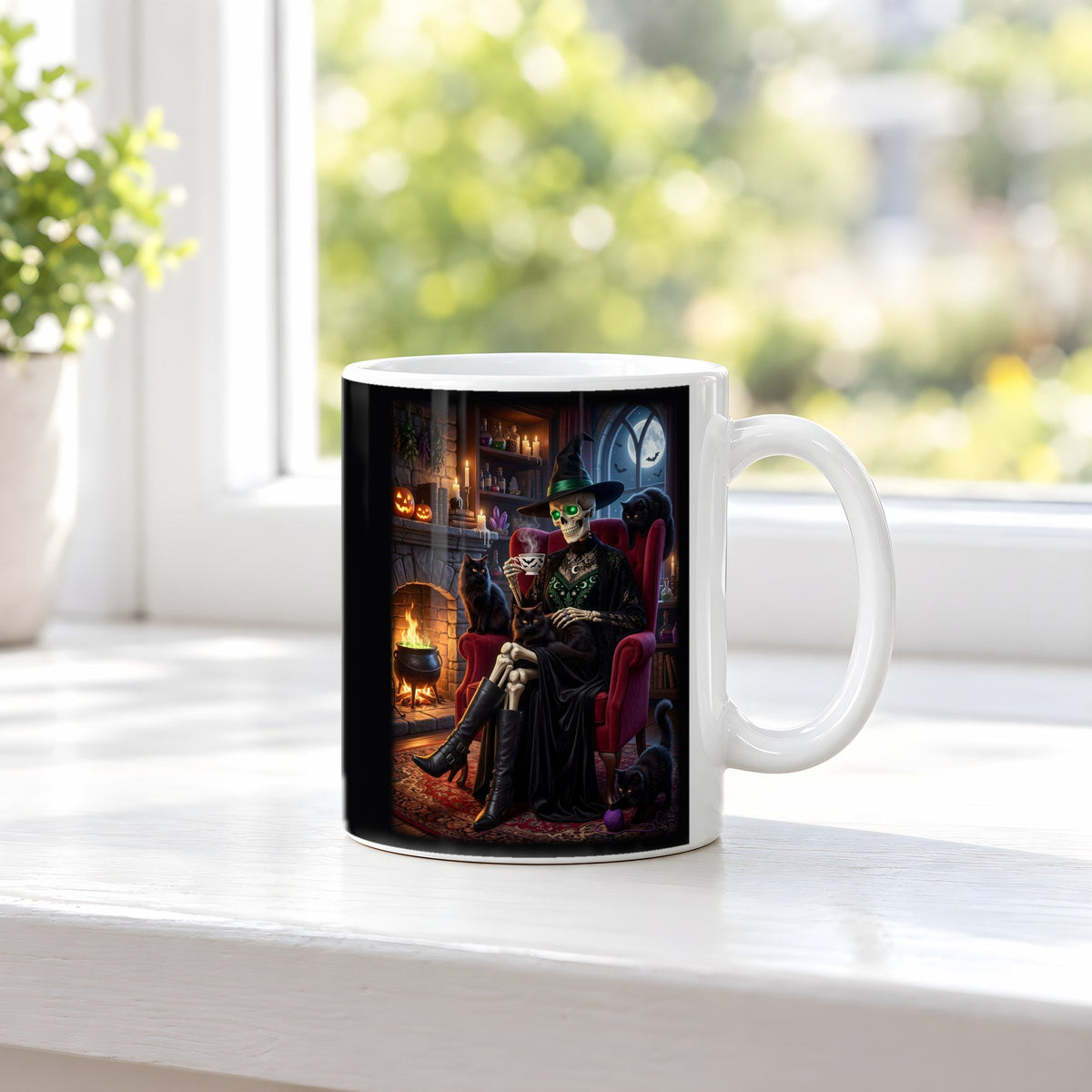 Die Katzenhexe – weiße Tasse, auf der Fensterbank