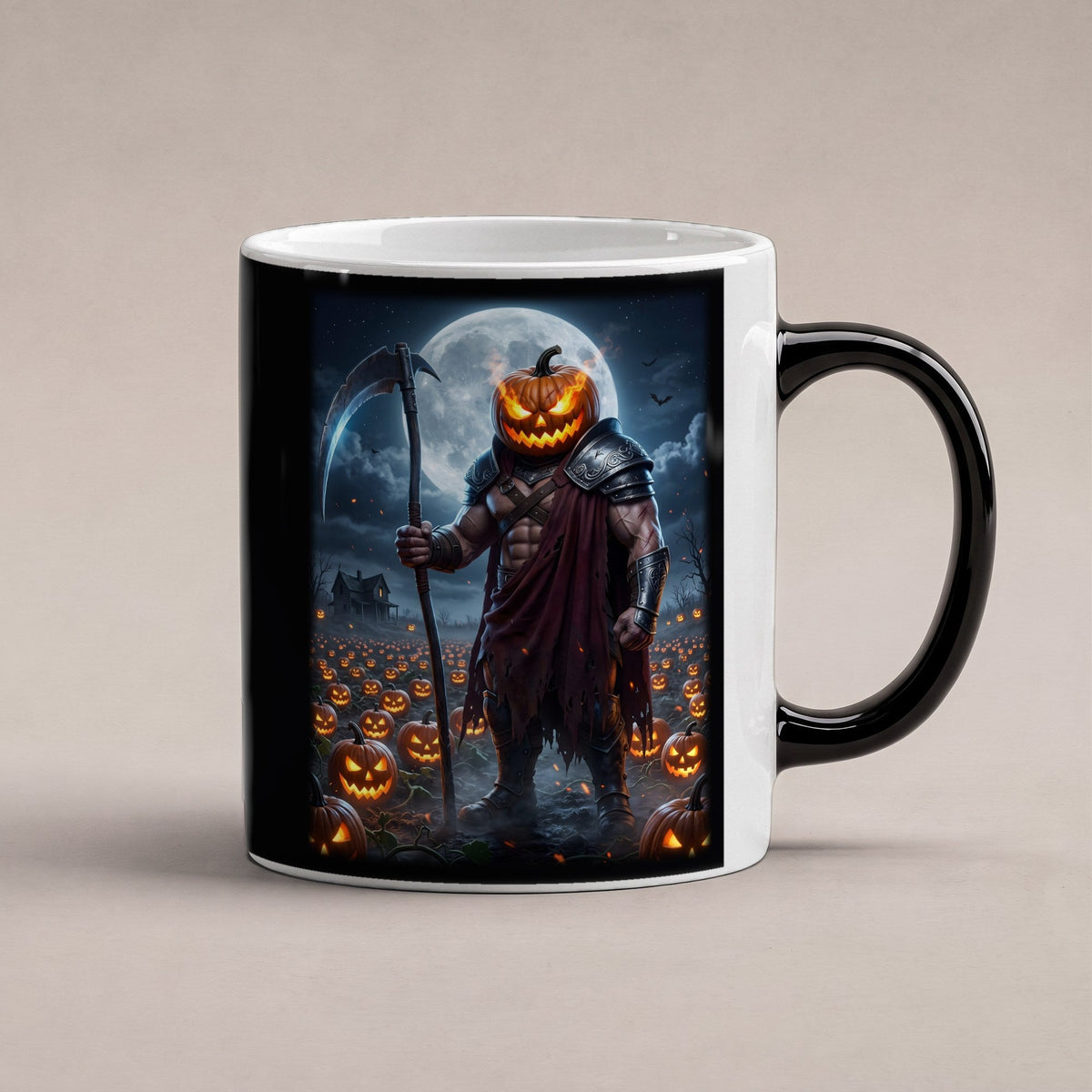Der Kürbis-Kriegsherr – Black Edition Zaubertasse mit Motiv (heiß), freigestellt