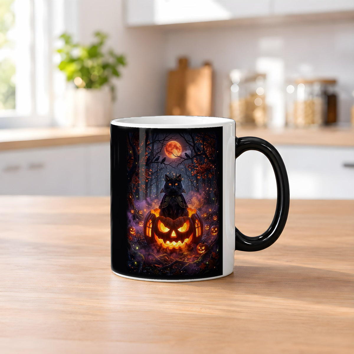 Der Kürbiskater – Black Edition Zaubertasse mit Motiv (heiß), auf dem Küchentresen