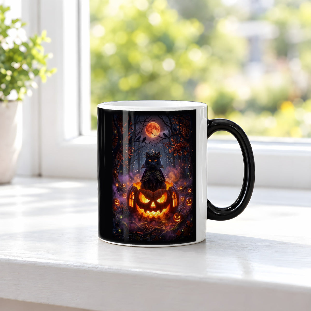 Der Kürbiskater – Black Edition Zaubertasse mit Motiv (heiß), auf der Fensterbank