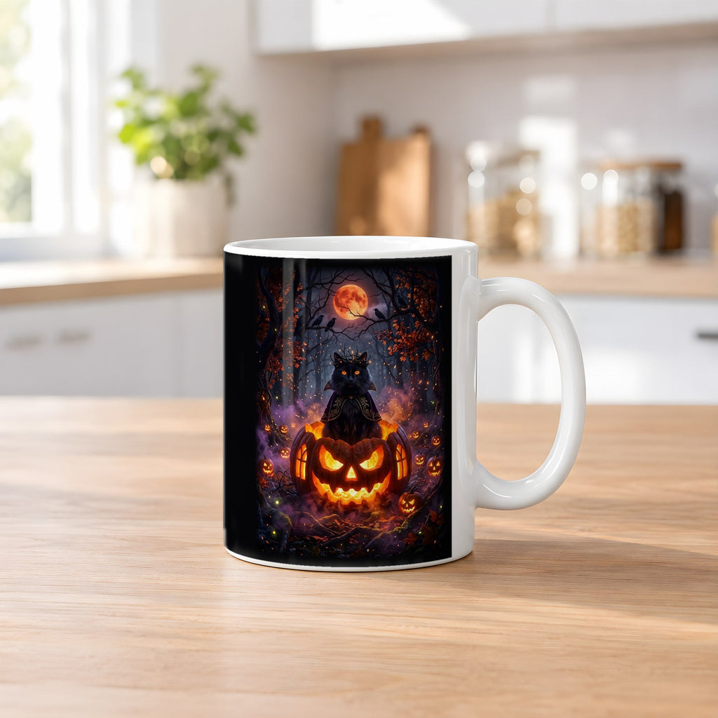 Der Kürbiskater – weiße Tasse, auf dem Küchentresen