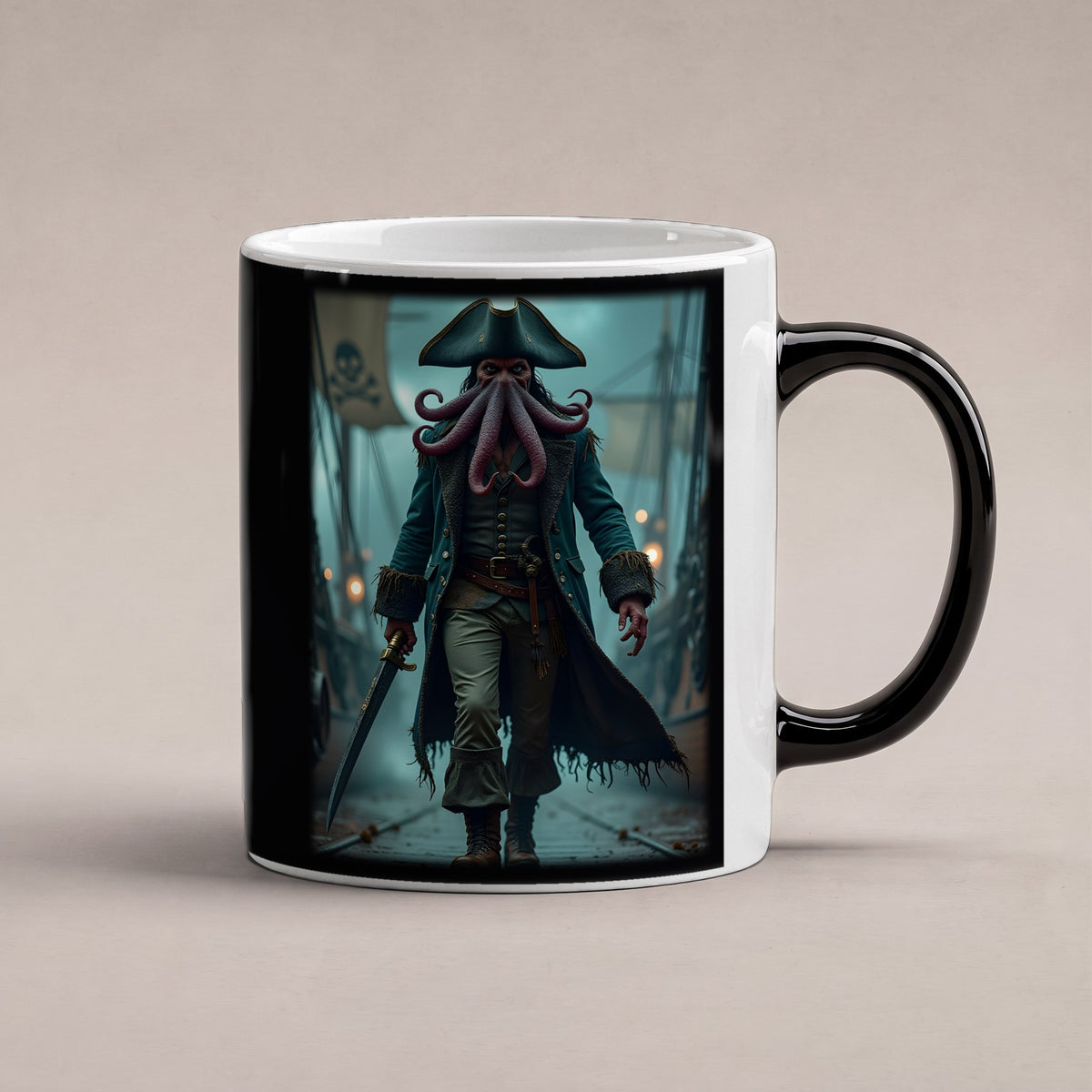 Der Krakenkapitän – Black Edition Zaubertasse mit Motiv (heiß), freigestellt