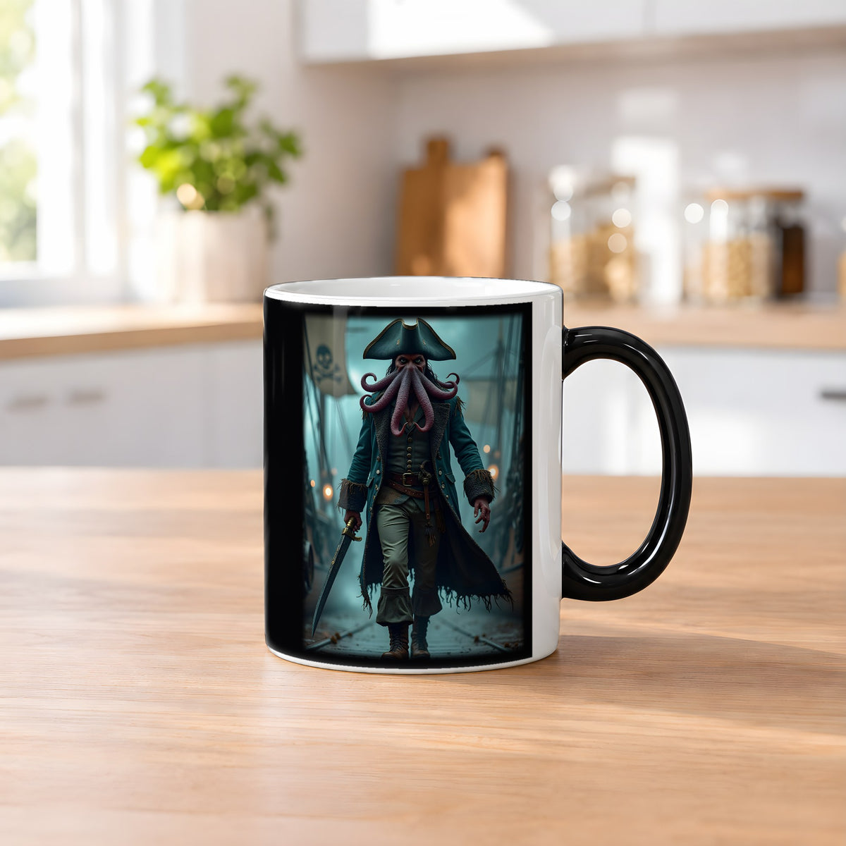 Der Krakenkapitän – Black Edition Zaubertasse mit Motiv (heiß), auf dem Küchentresen