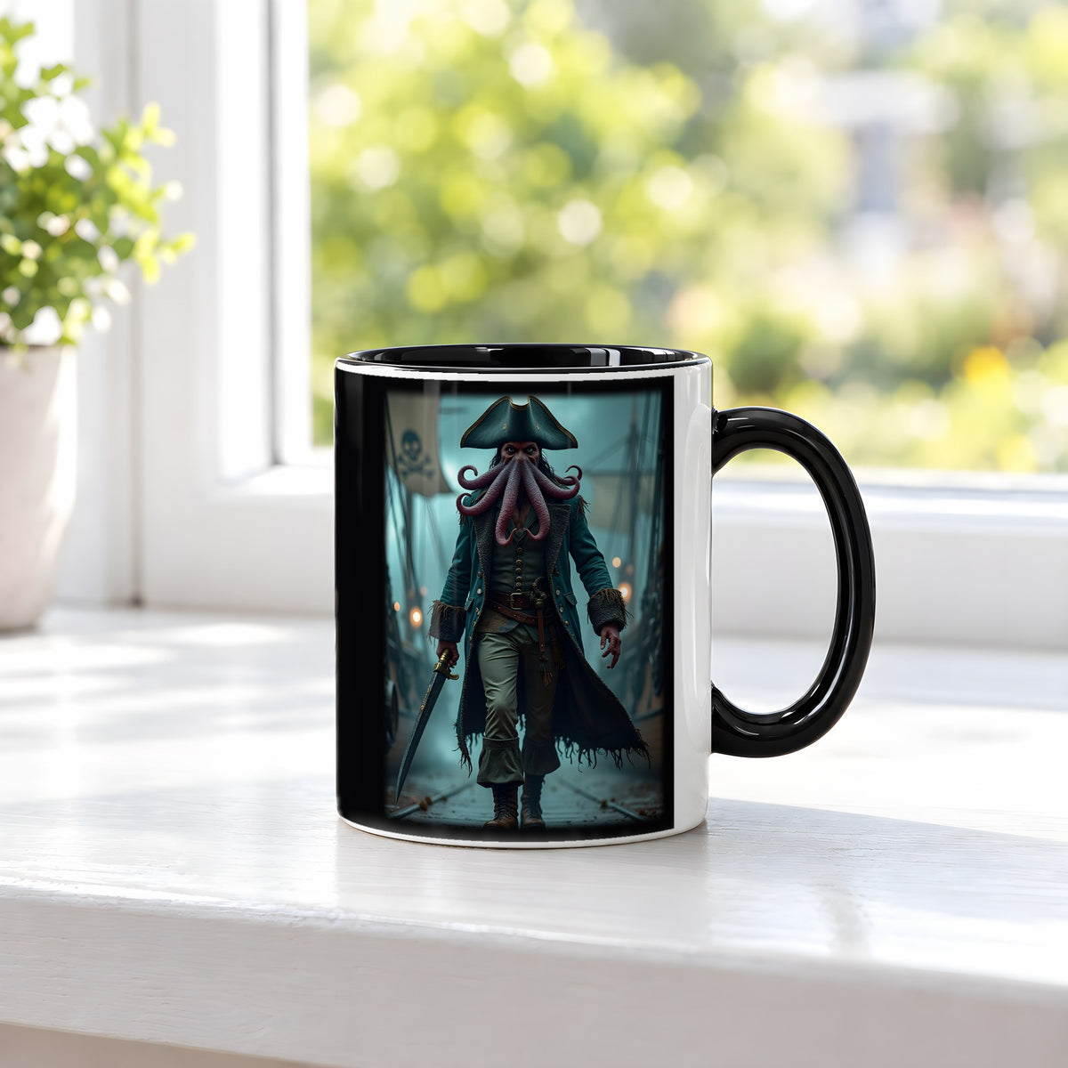 Der Krakenkapitän – Tasse innen schwarz, auf der Fensterbank