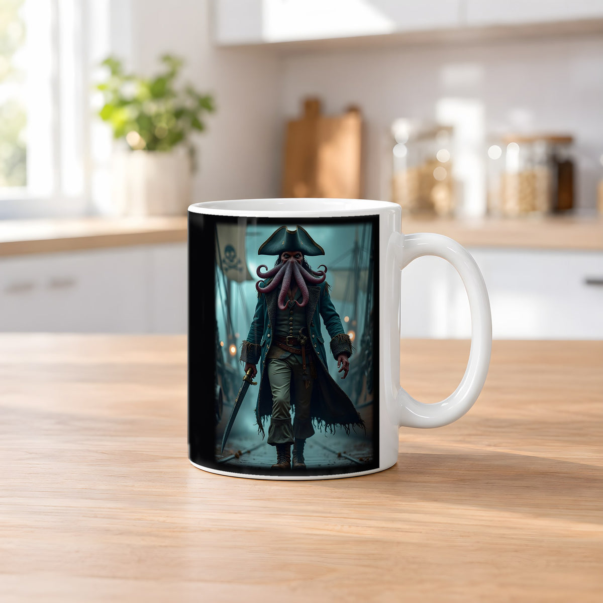 Der Krakenkapitän – weiße Tasse, auf dem Küchentresen