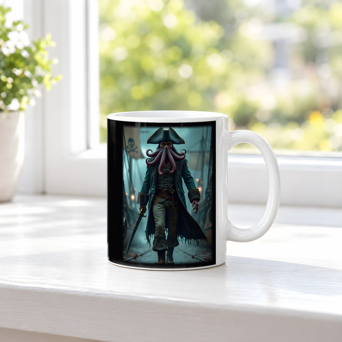 Der Krakenkapitän – weiße Tasse, auf der Fensterbank