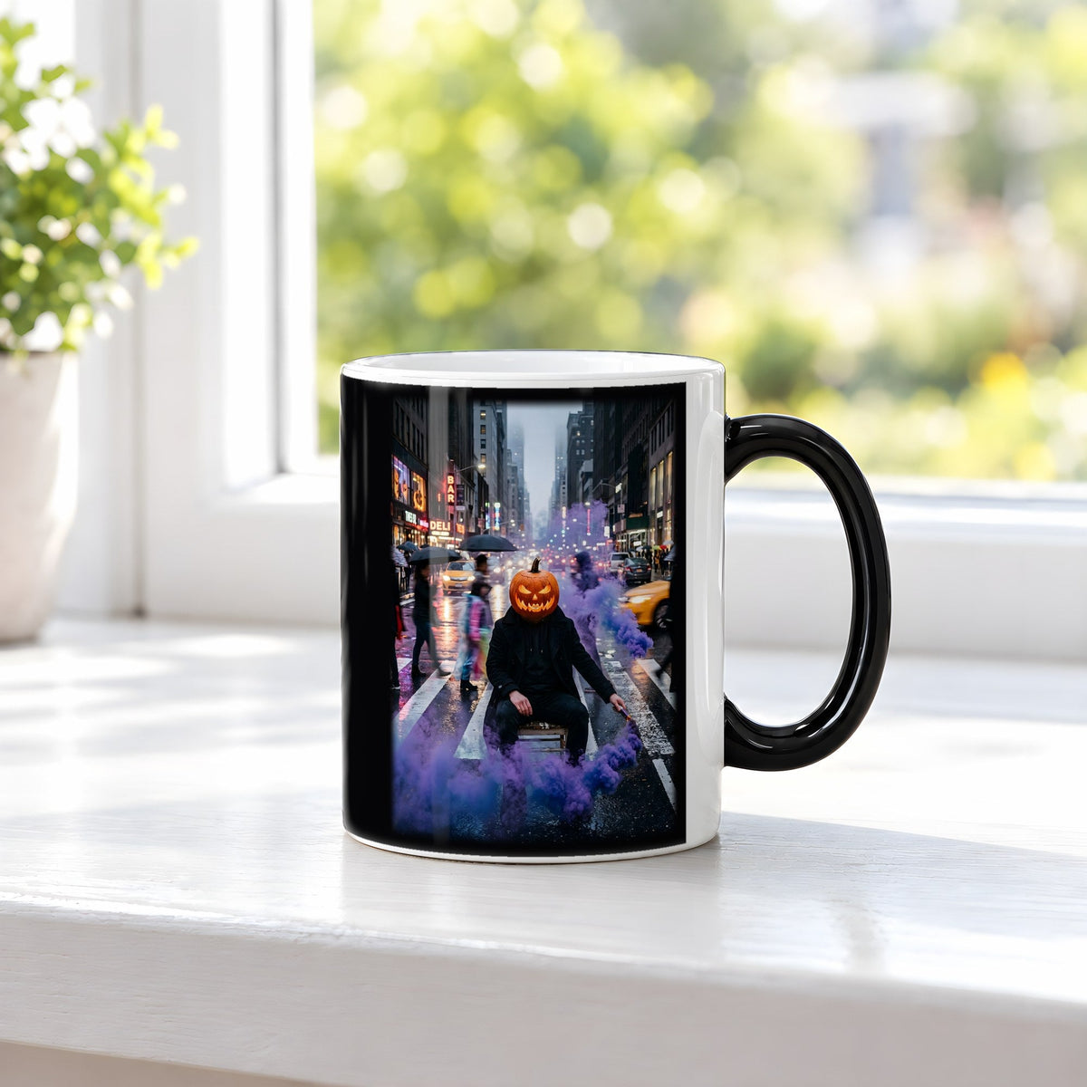 Der Kürbiskopf im Regen – Black Edition Zaubertasse mit Motiv (heiß), auf der Fensterbank