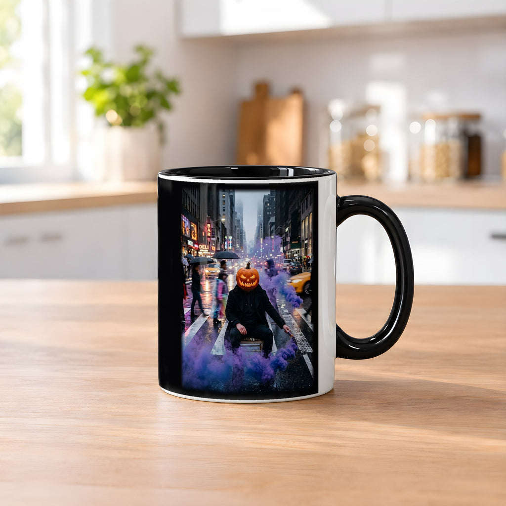 Der Kürbiskopf im Regen – Tasse innen schwarz, auf dem Küchentresen