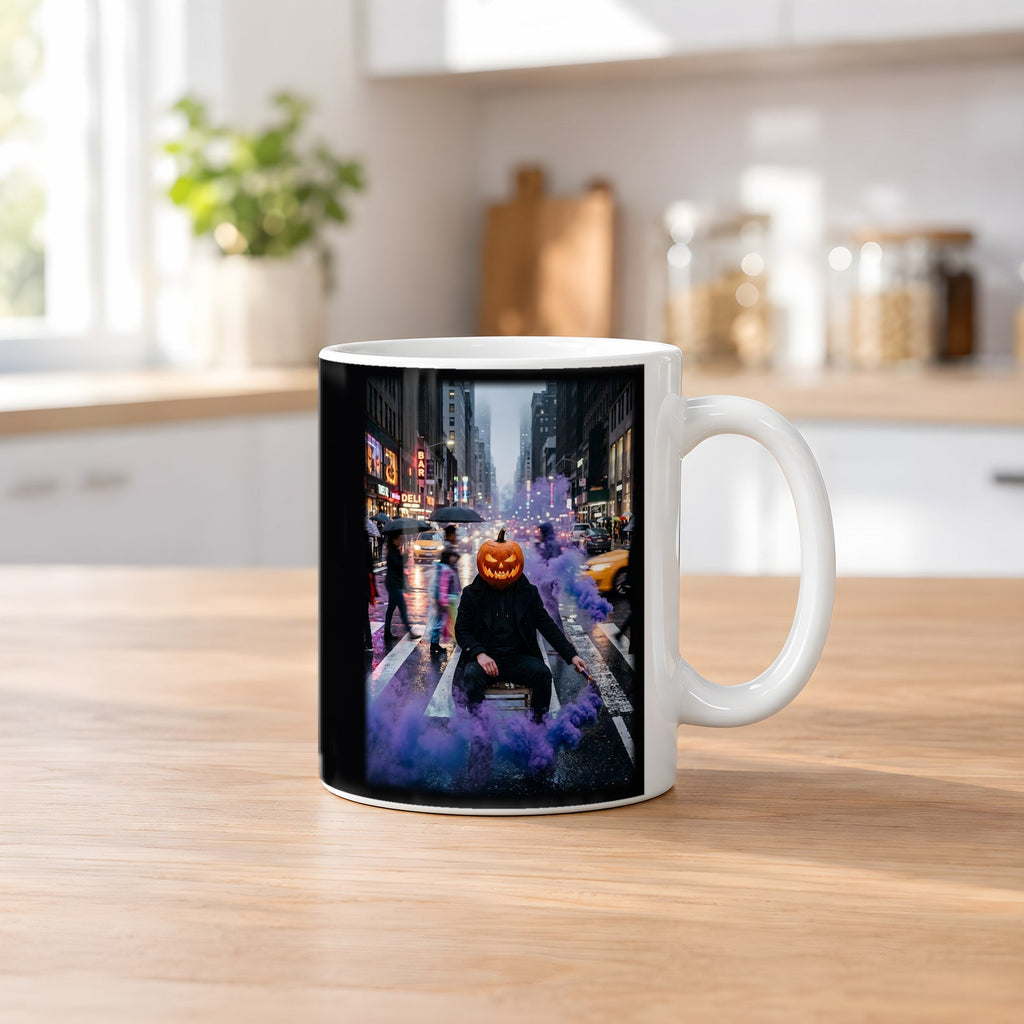 Der Kürbiskopf im Regen – weiße Tasse, auf dem Küchentresen