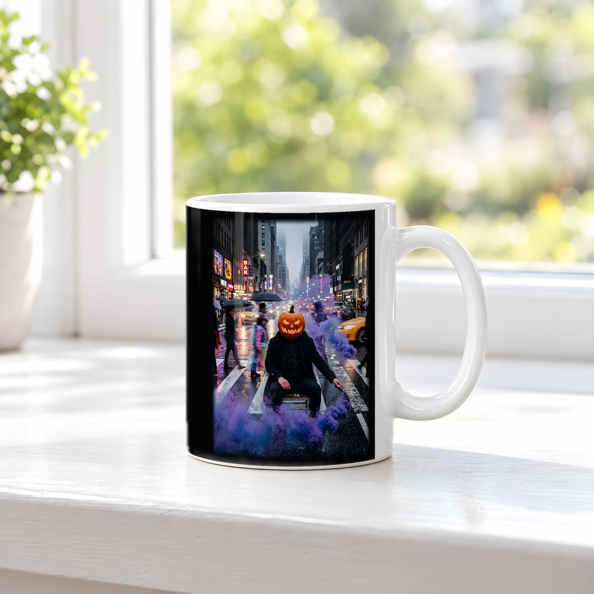 Der Kürbiskopf im Regen – weiße Tasse, auf der Fensterbank