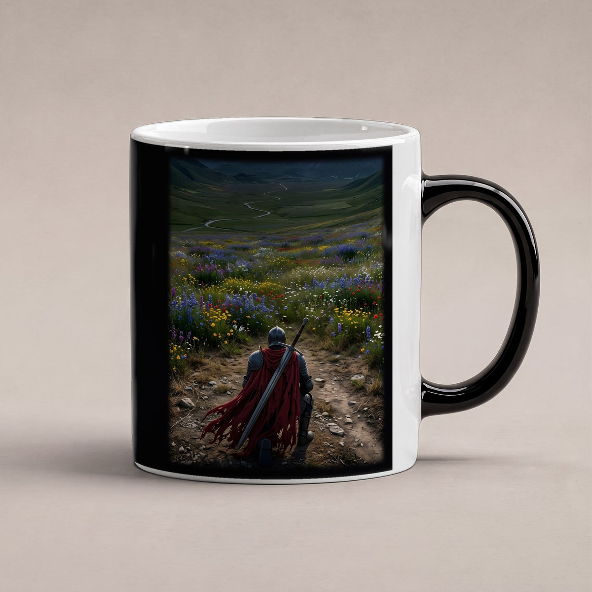 Der Kniefall – Black Edition Zaubertasse mit Motiv (heiß), freigestellt