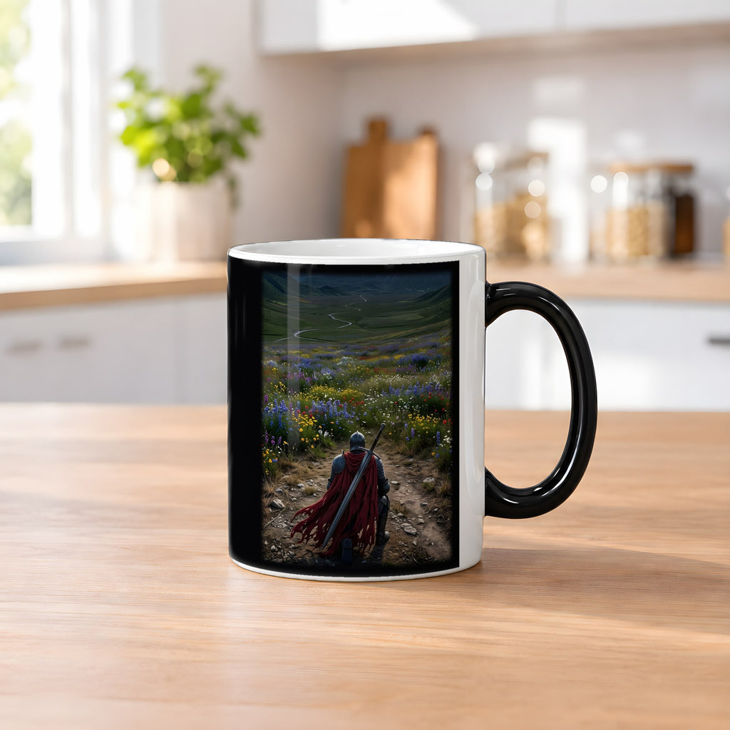 Der Kniefall – Black Edition Zaubertasse mit Motiv (heiß), auf dem Küchentresen