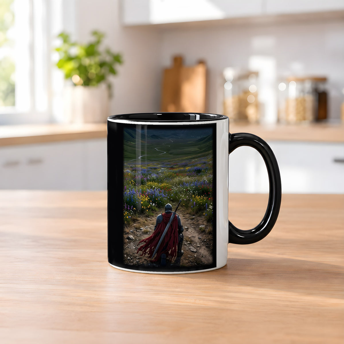 Der Kniefall – Tasse innen schwarz, auf dem Küchentresen