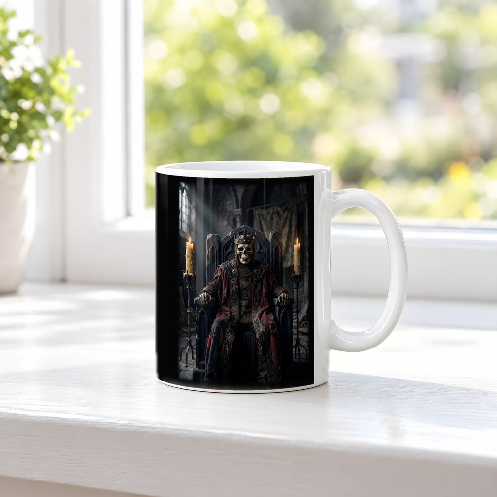 Der Knochenkönig – weiße Tasse, auf der Fensterbank