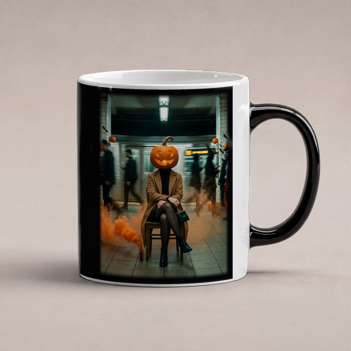Die Kürbis-Pendlerin – Black Edition Zaubertasse mit Motiv (heiß), freigestellt