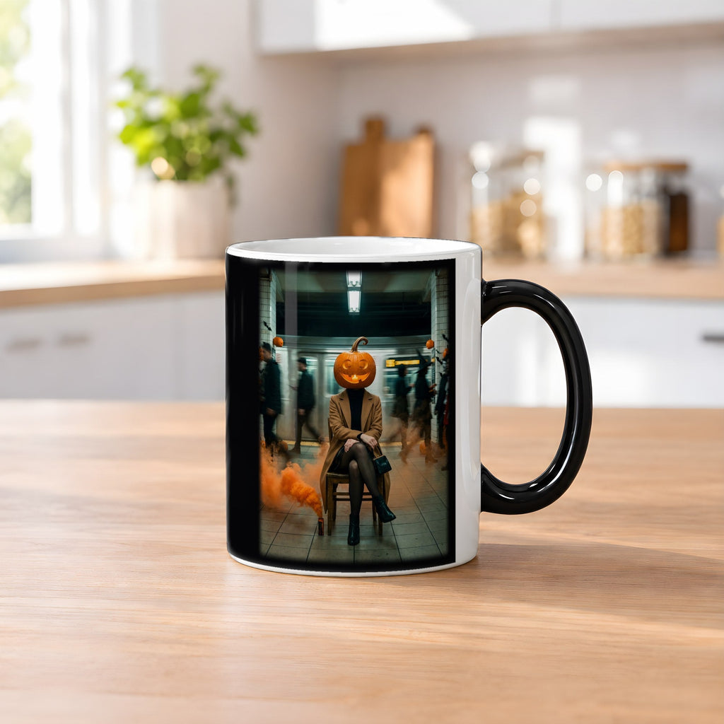 Die Kürbis-Pendlerin – Black Edition Zaubertasse mit Motiv (heiß), auf dem Küchentresen