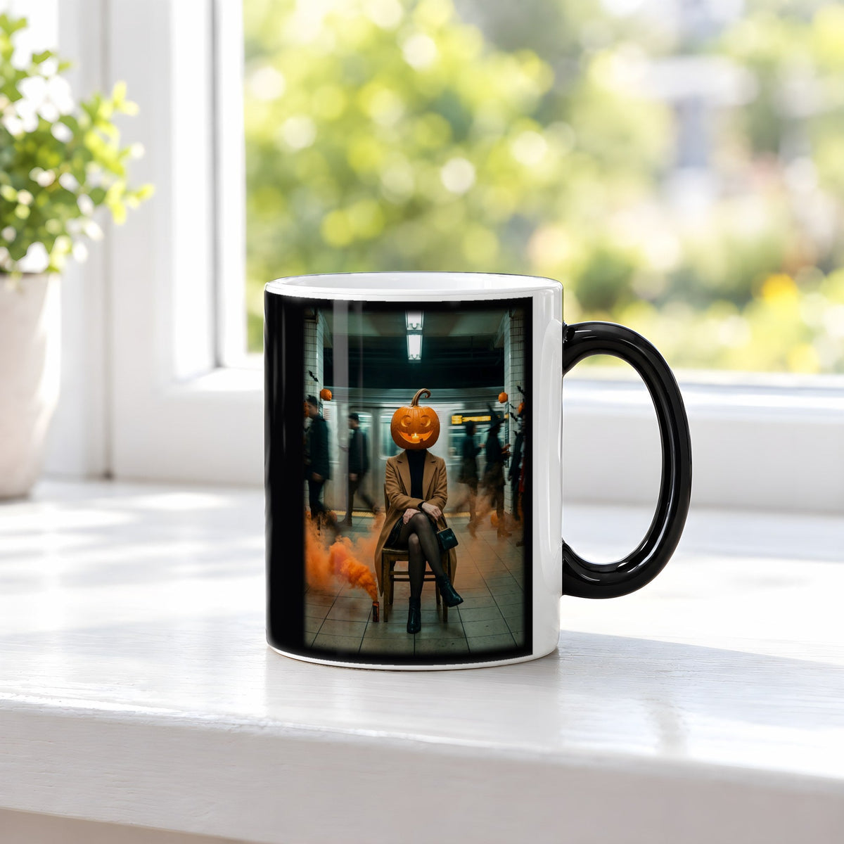 Die Kürbis-Pendlerin – Black Edition Zaubertasse mit Motiv (heiß), auf der Fensterbank
