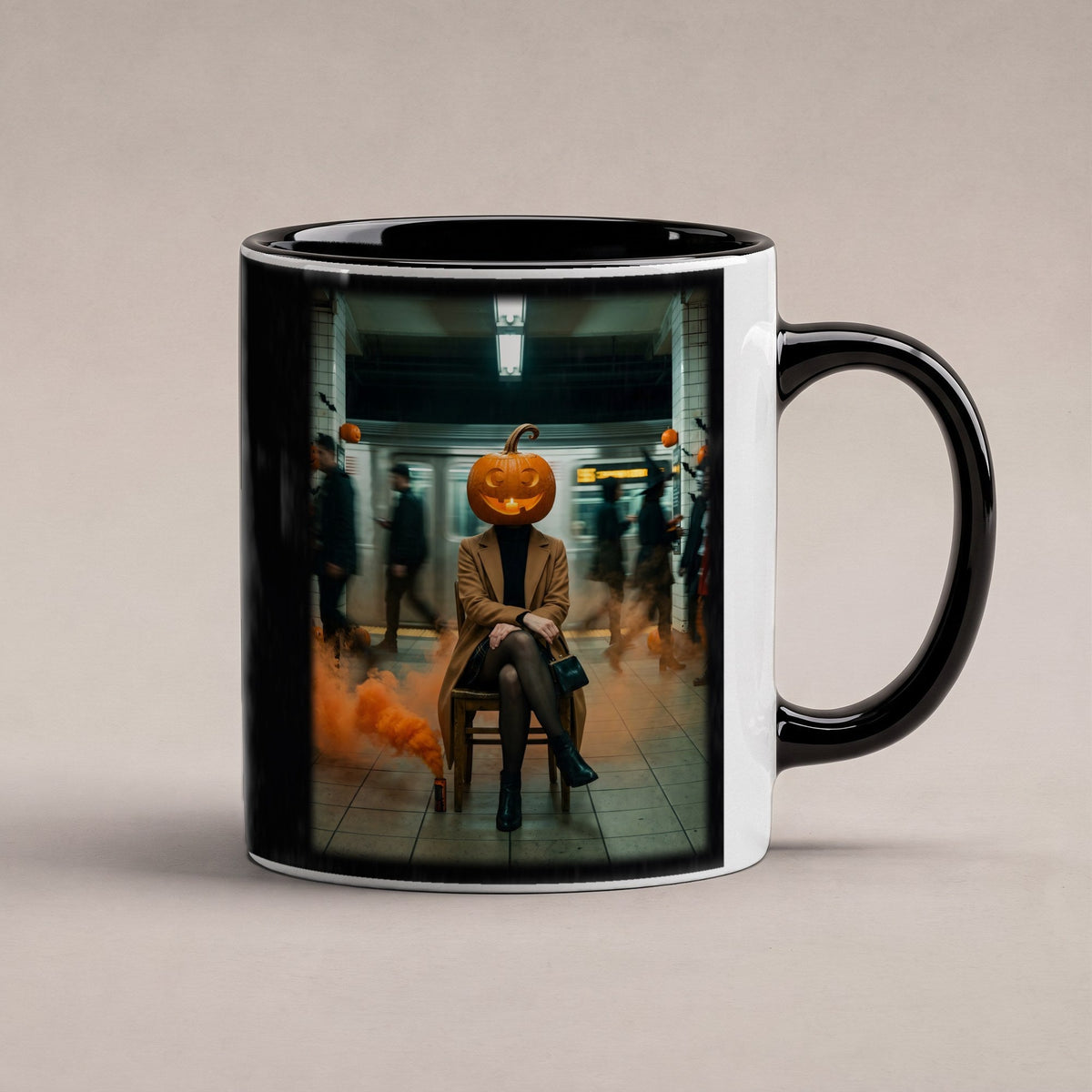 Die Kürbis-Pendlerin – Tasse innen schwarz, freigestellt