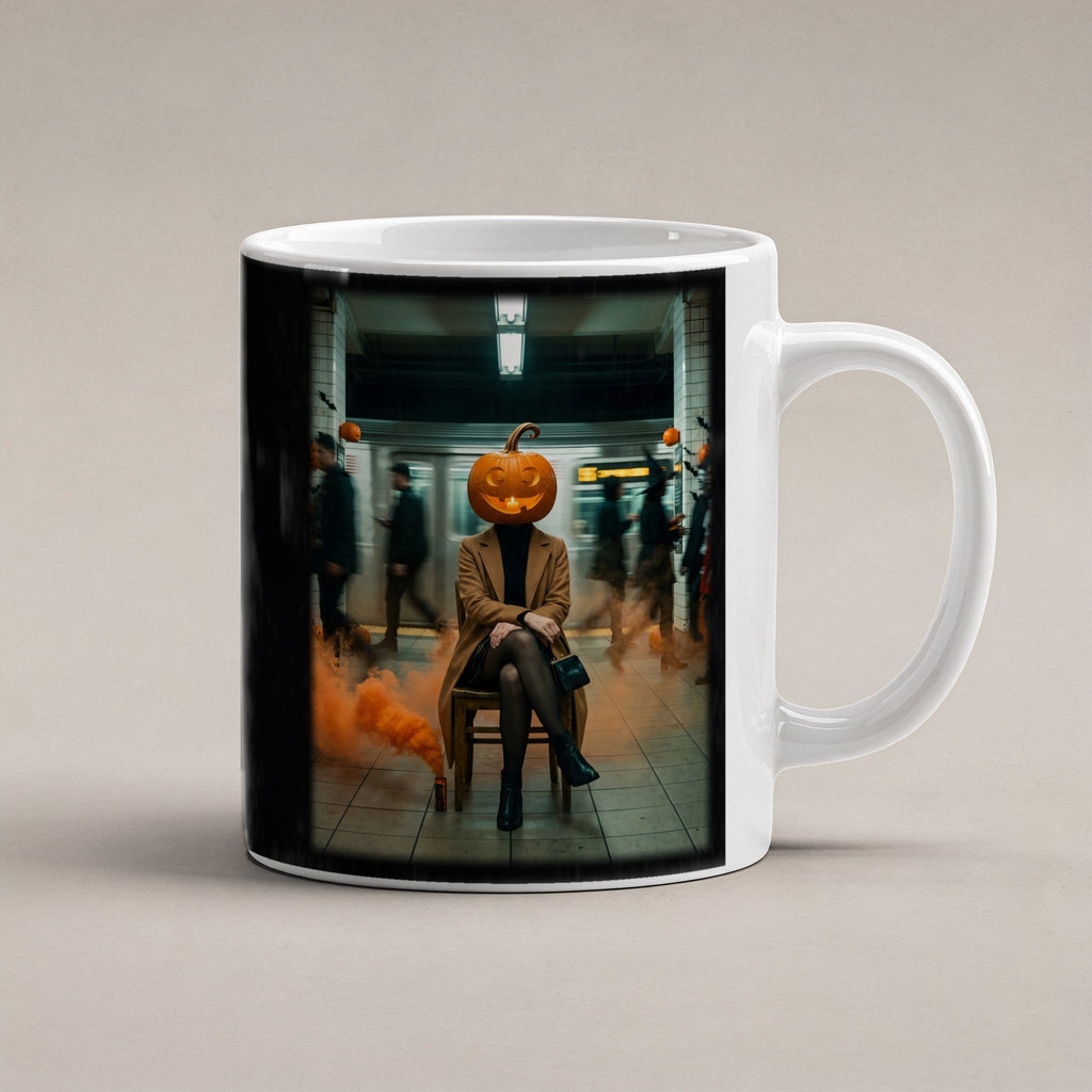 Die Kürbis-Pendlerin – weiße Tasse, freigestellt