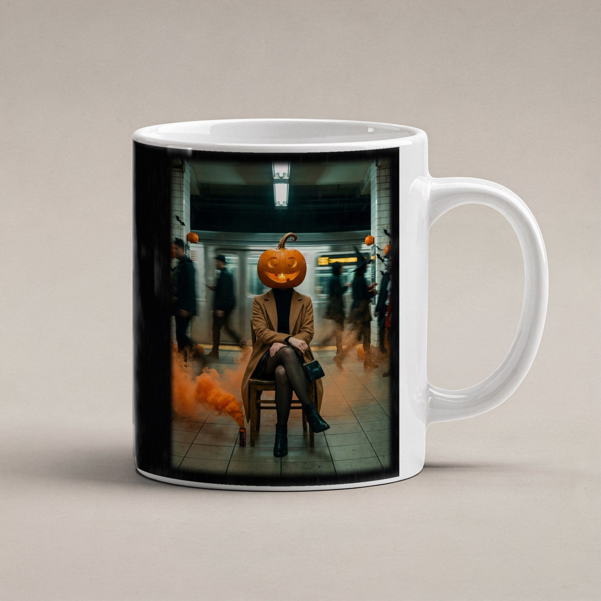 Die Kürbis-Pendlerin – weiße Tasse, freigestellt