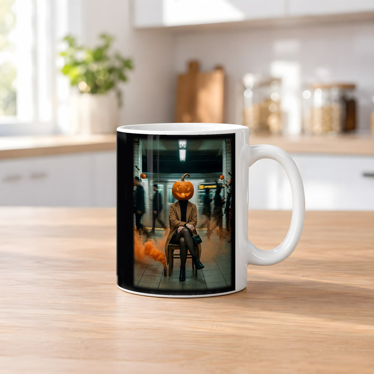 Die Kürbis-Pendlerin – weiße Tasse, auf dem Küchentresen