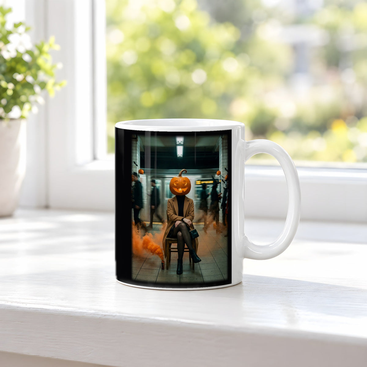 Die Kürbis-Pendlerin – weiße Tasse, auf der Fensterbank
