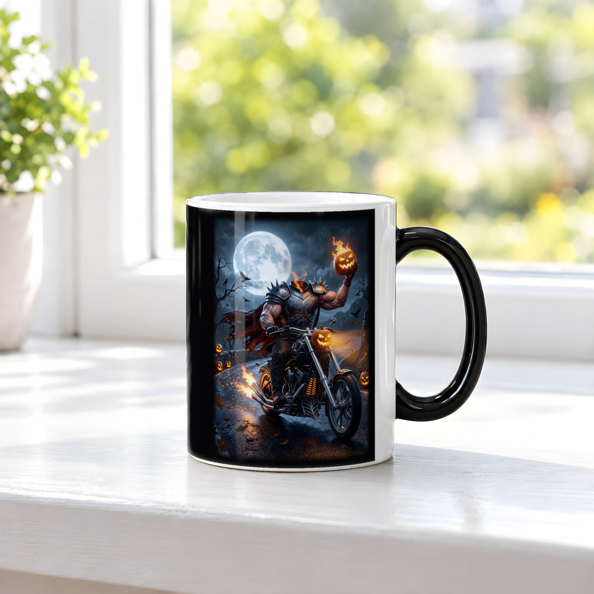 Der eiserne Reiter – Black Edition Zaubertasse mit Motiv (heiß), auf der Fensterbank
