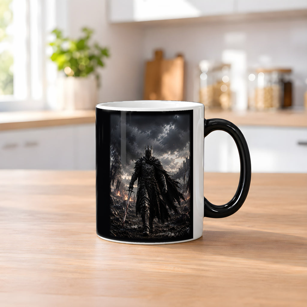 Der König im Regen – Black Edition Zaubertasse mit Motiv (heiß), auf dem Küchentresen
